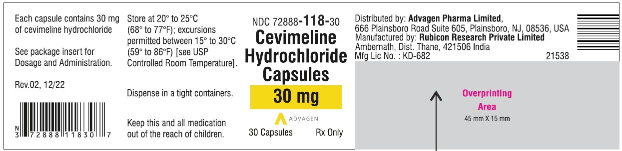 Cevimeline hydrochloride Capsules 30mg - NDC 72888-118-30, Bottle of 30 Label