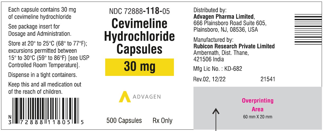 Cevimeline hydrochloride Capsules 30mg - NDC 72888-118-05, Bottle of 500 Label