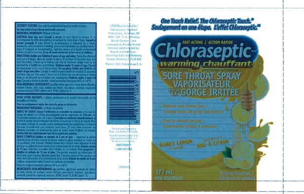 Chloraseptic Warming Sore Throat Spray
Phenol/Oral Anesthetic
Honey Lemon Flavor | 6 FL OZ (177 mL)
