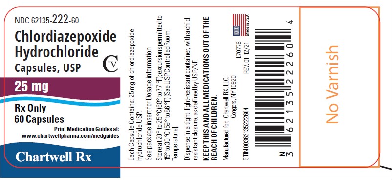 Chlordiazepoxide Hydrochloride 25mg - NDC 62135-222-60 - 60 Capsules Label
