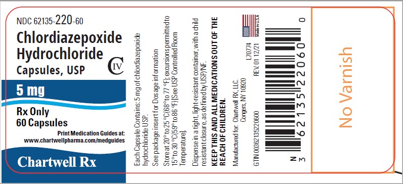 Chlordiazepoxide Hydrochloride 5mg - NDC 62135-220-60 - 60 Capsules Label