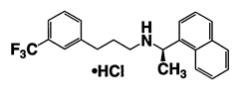 The following structural formula for hydrochloride salt of cinacalcet is described chemically as N-[1-(R)-(-)-(1-naphthyl)ethyl]-3-[3-(trifluoromethyl)phenyl]-1-aminopropane hydrochloride.