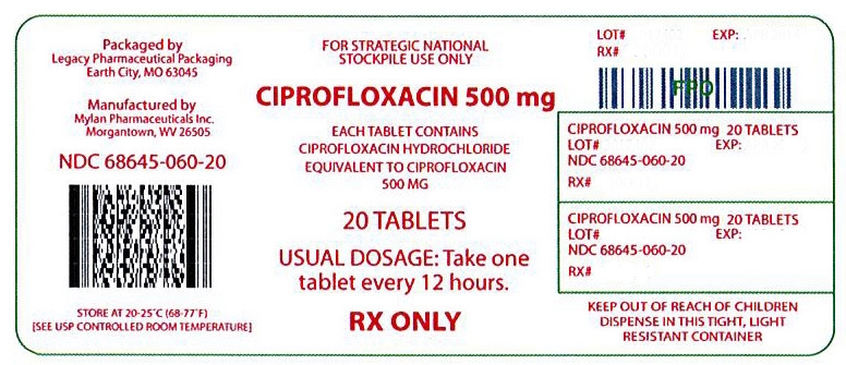 NDC 68645-060-20 Ciprofloxacin 500mg 20 Tablets Rx Only