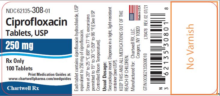 Ciprofloxacin Tablets,USP 250 mg - NDC 62135-308-01 - 100 Tablets Label