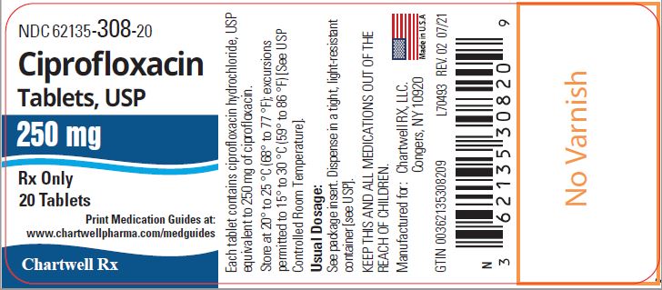 Ciprofloxacin Tablets,USP 250 mg - NDC 62135-308-20 - 20 Tablets Label