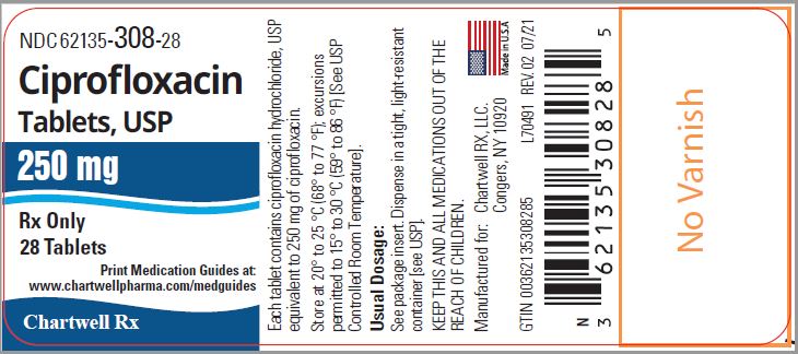 Ciprofloxacin Tablets,USP 250 mg - NDC 62135-308-28 - 28 Tablets Label