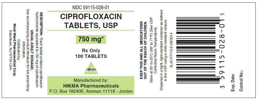 Ciprofloxacin Tablets, USP 750 mg/100 Tablets NDC# 59115-028-01
