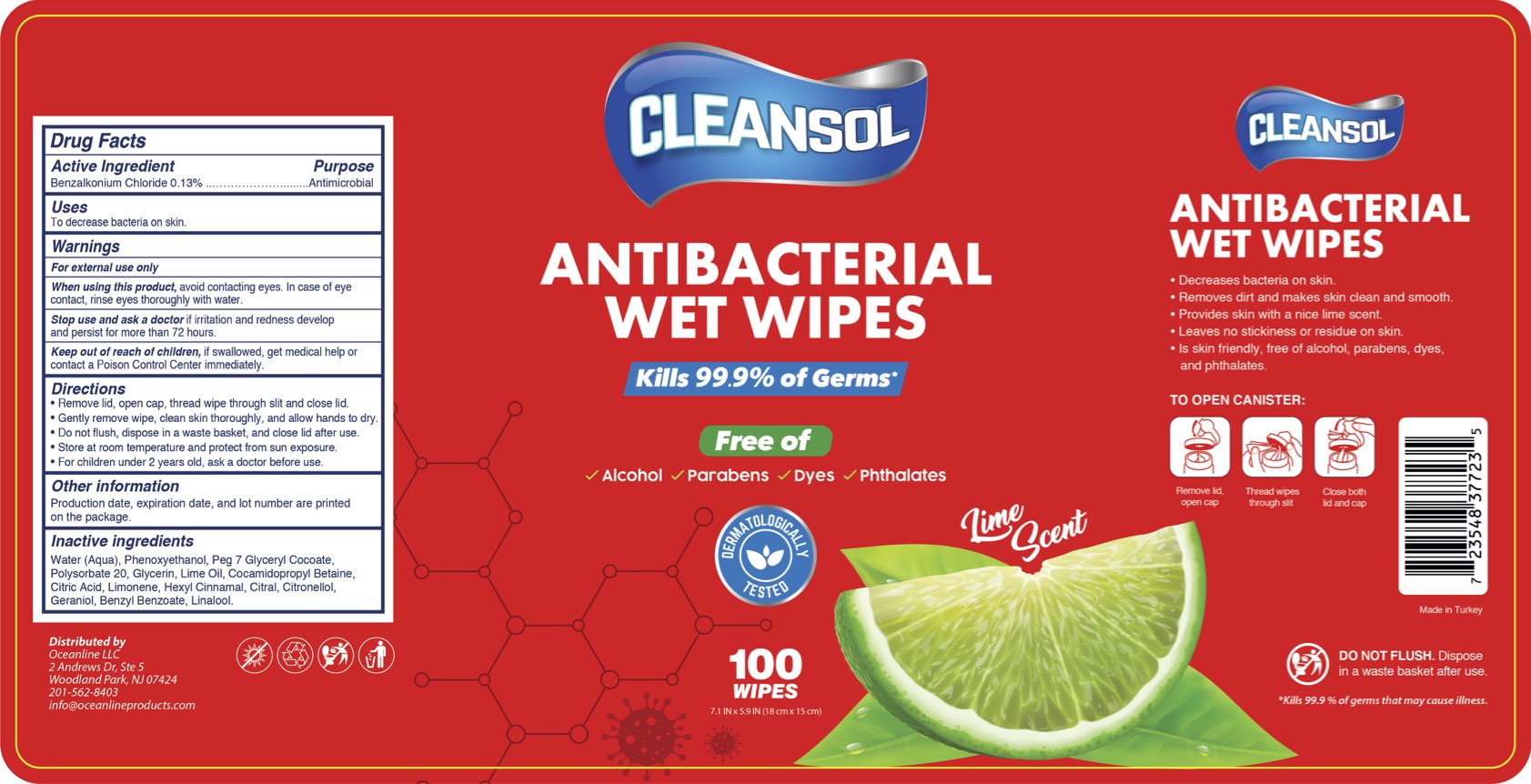 cleansol antibacterial wet wipes 100 wipes lime scent