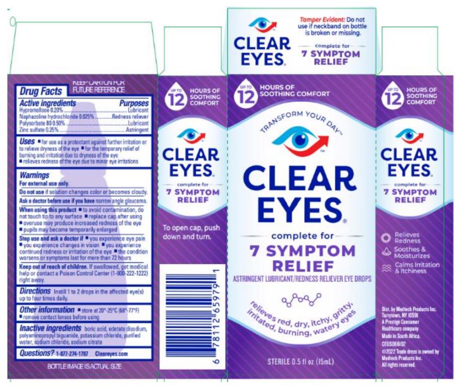 CLEAR
EYES ®
complete for 
7 SYMPTOM RELIEF
ASTRINGENT LUBRICANT/REDNESS RELIEVER EYE DROPS
Sterile 0.5 FL oz (15 mL)
