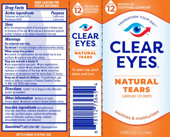 Clear eyes® 
Natural Tears
Lubricant Eye Drops 
STERILE 0.5 FL OZ (15 mL) 
