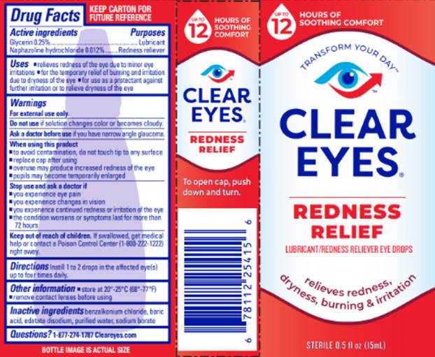 CLEAR EYES ®
REDNESS RELIEF
LUBRICANT/REDNESS RELIEVER EYE DROPS
STERILE 0.5 FL OZ (15 mL)
