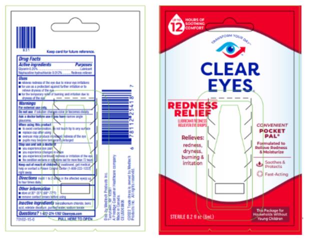 CLEAR EYES ®
REDNESS RELIEF
LUBRICANT/REDNESS RELIEVER EYE DROPS
POCKET PAL®
STERILE 0.2 FL OZ (6 mL)

