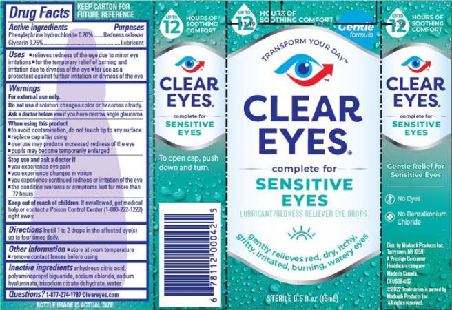 CLEAR EYES®
complete for 
SENSITIVE EYES
LUBRICANT/REDNESS RELIEVER EYE DROPS
STERILE 0.5 FL OZ (15 mL)
