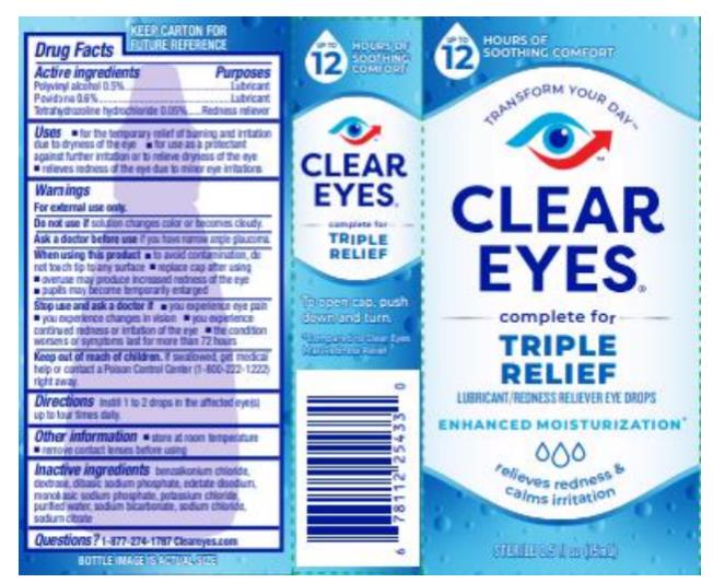 CLEAR EYES®

TRIPLE RELIEF 
LUBRICANT/REDNESS RELIEVER EYE DROPS

STERILE 0.5 FL OZ (15 mL)
