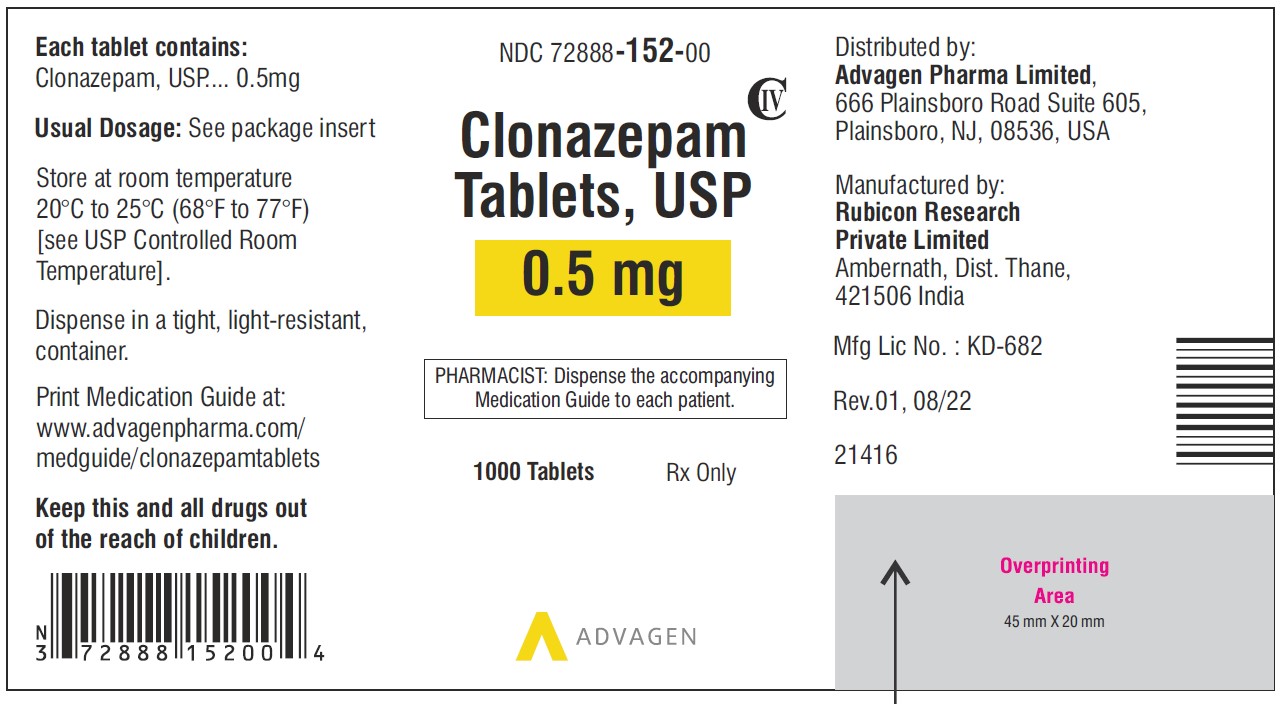 Clonazepam Tablets USP, 0.5 mg - NDC 72888-152-00 - 1000 Tablets Label