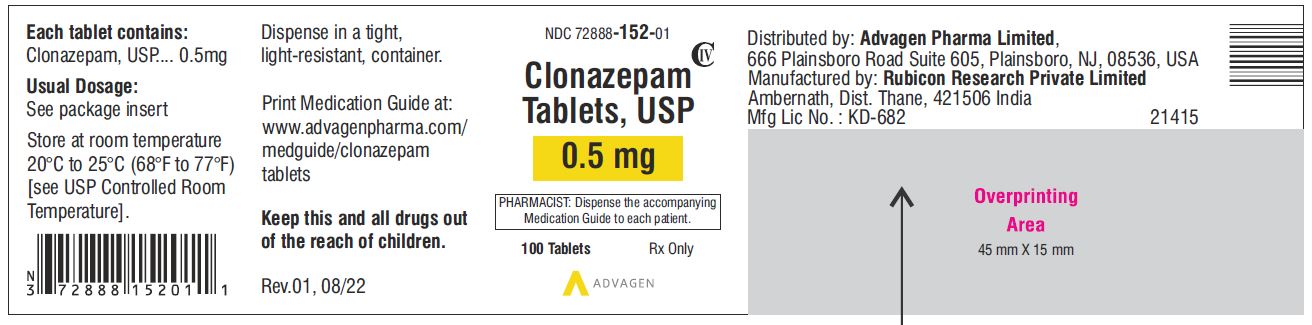 Clonazepam Tablets USP, 0.5 mg - NDC 72888-152-01 - 100 Tablets Label