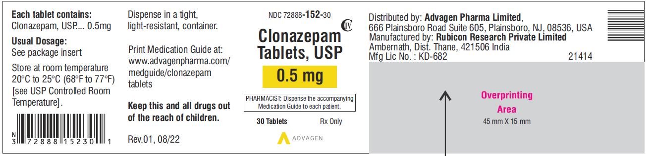 Clonazepam Tablets USP, 0.5 mg  - NDC 72888-152-30 - 30 Tablets Label