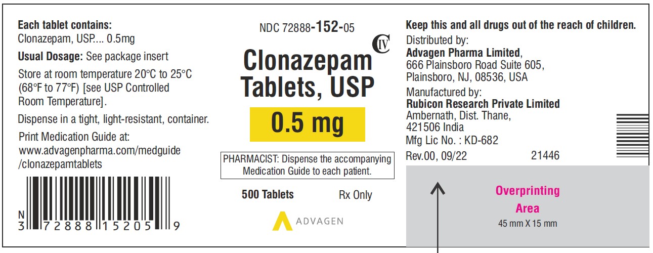 Clonazepam Tablets USP, 0.5 mg - NDC 72888-152-05 - 500 Tablets Label
