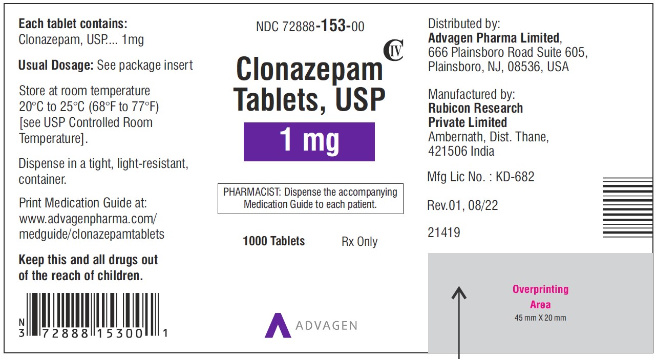  Clonazepam Tablets USP, 1 mg  - NDC 72888-153-00 - 1000 Tablets Label