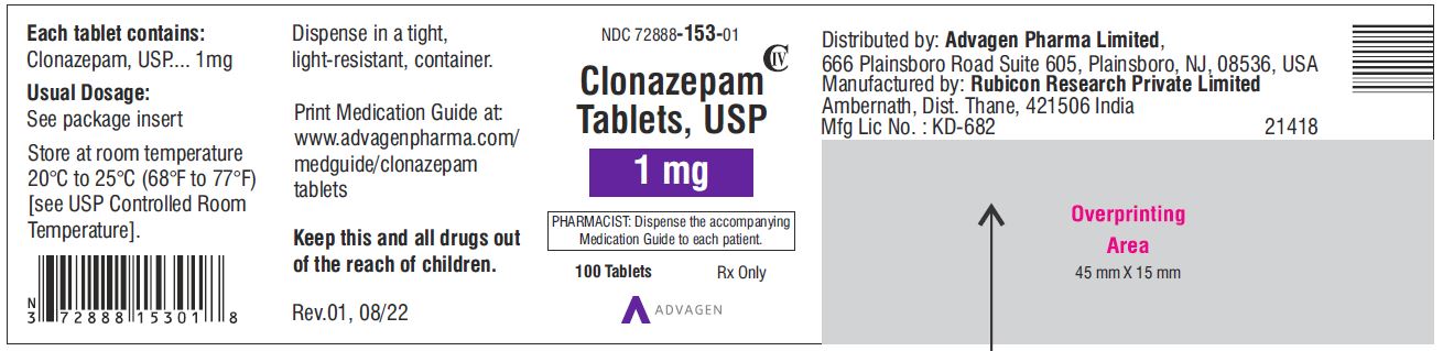 Clonazepam Tablets USP, 1 mg  - NDC 72888-153-01 - 100 Tablets Label