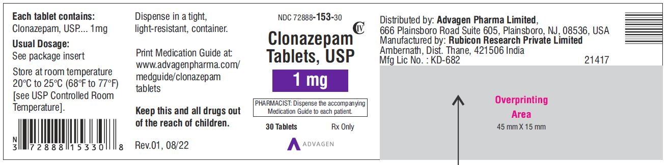Clonazepam Tablets USP, 1 mg  - NDC 72888-153-30 - 30 Tablets Label