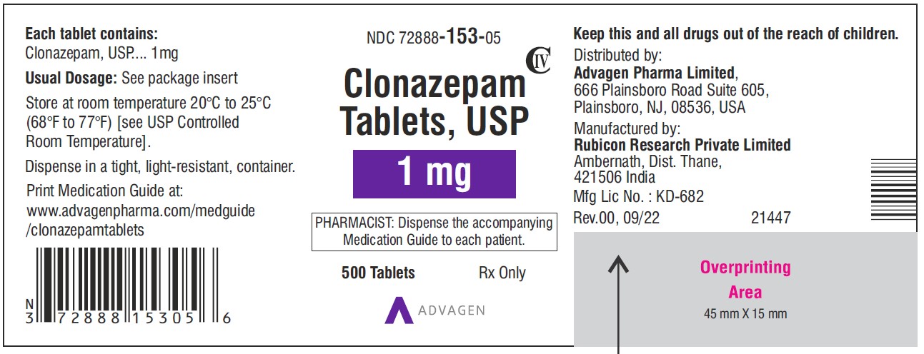 Clonazepam Tablets USP, 1 mg  - NDC 72888-153-05 - 500 Tablets Label