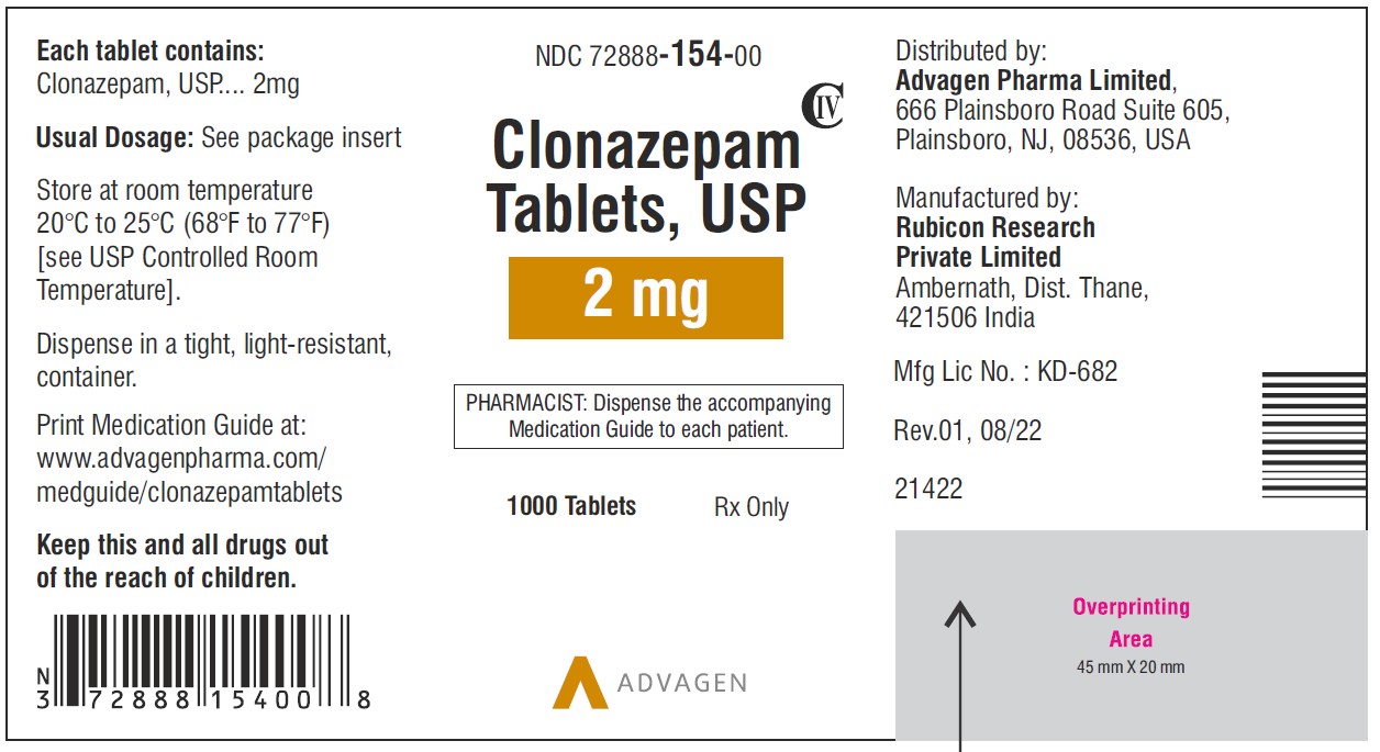 Clonazepam Tablets USP,  2mg  - NDC 72888-154-00 - 1000 Tablets Label