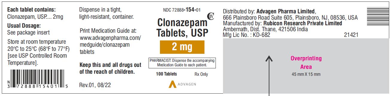 Clonazepam Tablets USP,  2mg  - NDC 72888-154-01 - 100 Tablets Label