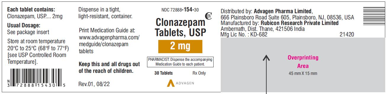 Clonazepam Tablets USP,  2mg  - NDC 72888-154-30 - 30 Tablets Label