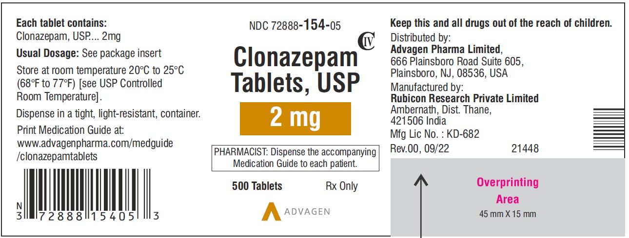 Clonazepam Tablets USP,  2mg  - NDC 72888-154-05 - 500 Tablets Label