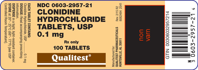 This is an image of the label for 0.1mg Clonidine Hydrochloride Tablets.