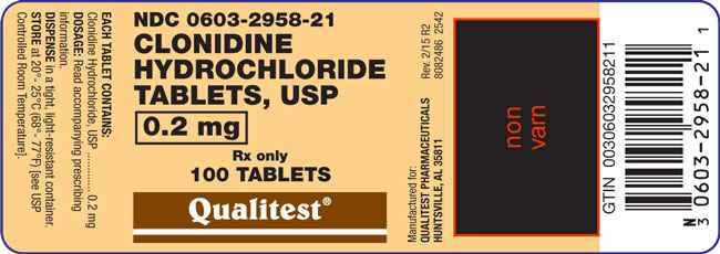 This is an image of the label for 0.2mg Clonidine Hydrochloride Tablets.