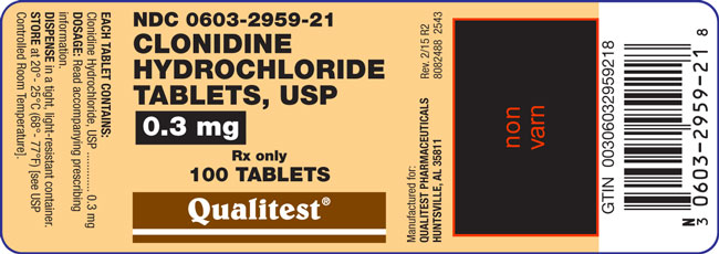 This is an image of the label for 0.3mg Clonidine Hydrochloride Tablets.