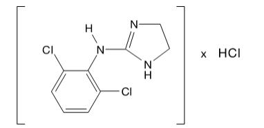 the structural formula for Clonidine hydrochloride is an imidazoline derivative and exists as a mesomeric compound. The chemical name is 2-(2,6-dichlorophenylamino)-2-imidazoline hydrochloride.