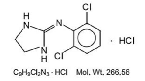 The following is the structural formula for Clonidine  hydrochloride is an imidazoline  derivative and exists as a mesomeric compound. The chemical name is 2-(2,6-dichlorophenylamino)-2-imidazoline hy