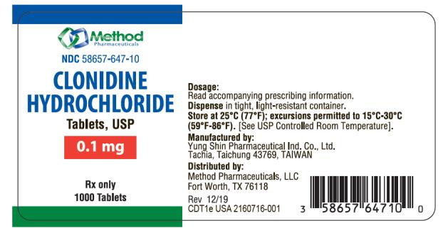 NDC 58657-647-10
CLONIDINE
HYDROCHLORIDE
TABLETS, USP
0.1 mg
Rx Only
1000 Tablets
