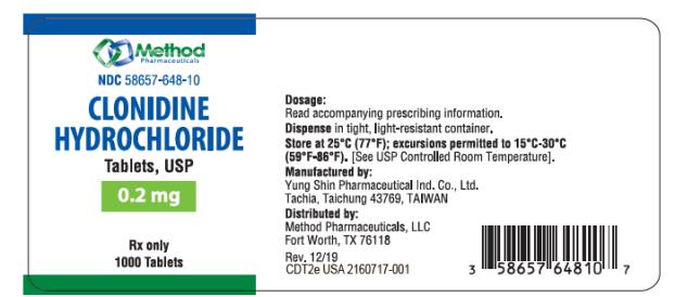 NDC 58657-648-10
CLONIDINE
HYDROCHLORIDE
TABLETS, USP
0.2 mg
Rx Only
1000 Tablets
