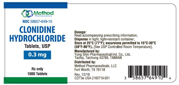 NDC 58657-649-10
CLONIDINE
HYDROCHLORIDE
TABLETS, USP
0.3 mg
Rx Only
1000 Tablets
