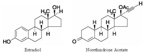 structural formulas for estradiol and norethindrone acetate