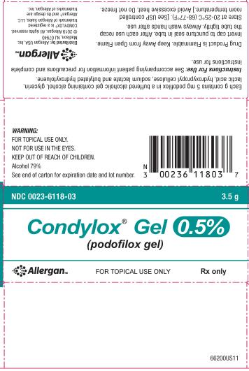 PRINCIPAL DISPLAY PANEL
NDC 0023-6118-03
3.5 g
Condylox® Gel 0.5%
(podofilox gel)
Allergan™
FOR TOPICAL USE ONLY
Rx only
