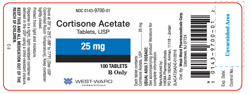 NDC 0143-9700-01 Cortison Acetate Tablets, USP 25 mg Rx Only 100 Tablets