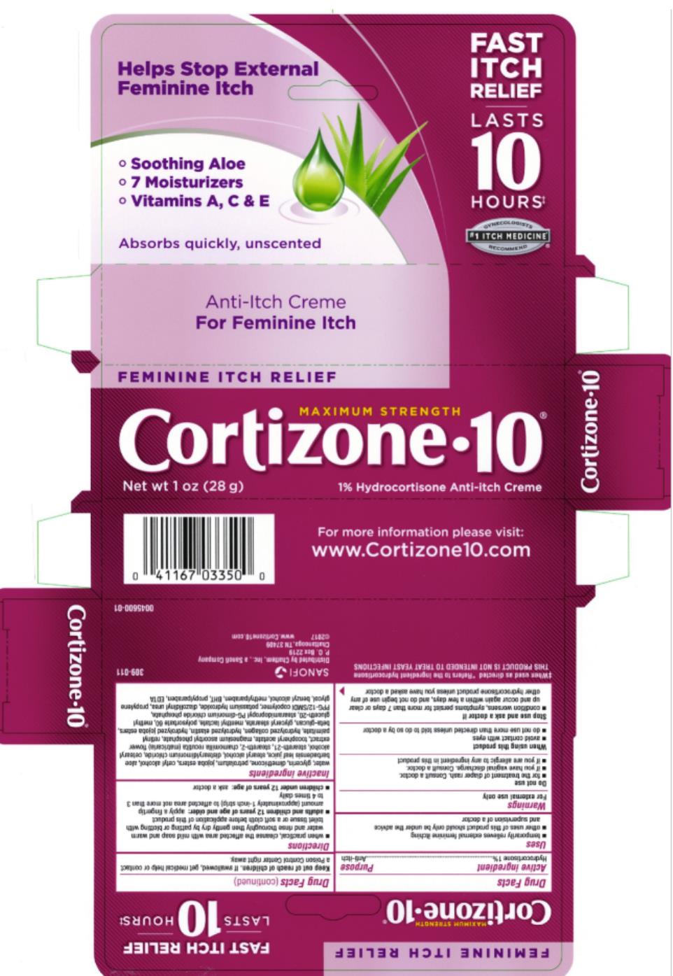 Maximum Strength 
Cotizone 10®
FEMININE ITCH RELIEF
Anti-Itch Crème
For Feminine Itch
1% Hydrocortisone Anti-Itch Creme
Net wt 1 oz (28 g)
