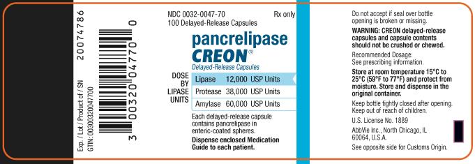 NDC 0032-0047-70
100 Delayed-Release Capsules
Rx only
pancrelipase
CREON®
Delayed-Release Capsules
DOSE BY LIPASE UNITS: 
Lipase 12,000 USP Units 
Protease 38,000 USP Units 
Amylase 60,000 USP Units
Each delayed-release capsule contains
pancrelipase in enteric-coasted spheres.
Dispense enclosed Medication Guide to each patient.
