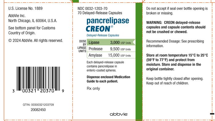 NDC 0032-1203-70 
70 Delayed-Release Capsules 
Pancrelipase
CREON®  
Delayed-Release Capsules 
DOSE BY LIPASE UNITS: 
Lipase 3,000 USP Units 
Protease 9,500 USP Units 
Amylase 15,000 USP Units 
Each delayed-release capsule
contains pancrelipase in 
enteric-coated spheres. 
Dispense enclosed Medication 
Guide to each patient.
Rx only 
abbvie 
