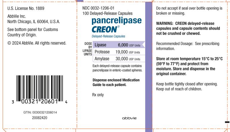NDC 0032-1206-01
100 Delayed-Release Capsules 
pancrelipase 
CREON®  
Delayed-Release Capsules 
DOSE BY LIPASE UNITS: 
Lipase 6,000 USP Units
Protease 19,000 USP Units
Amylase 30,000 USP Units 
Each delayed-release capsule contains 
pancrelipase in enteric-coated spheres. 
Dispense enclosed Medication
Guide to each patient.
Rx only 
abbvie 
