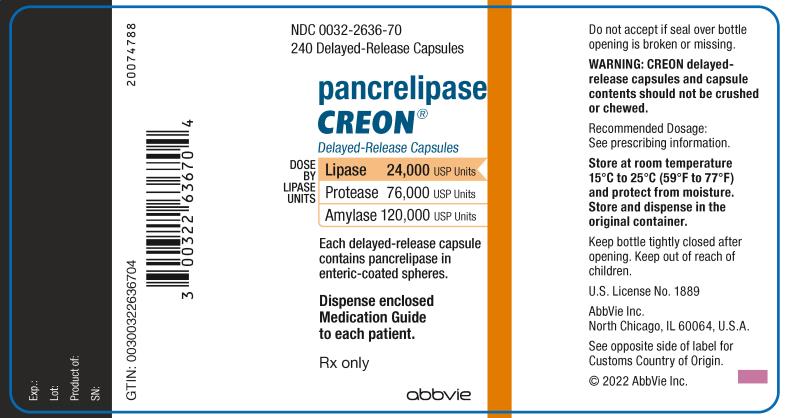 NDC 0032-2636-70
240 Delayed-Release Capsules
Pancrelipase
CREON®
Delayed-Release Capsules
DOSE BY LIPASE UNITS:
Lipase 24,000 USP Units
Protease 76,000 USP Units
Amylase 120,000 USP Unites
Each delayed-release capsule contains
pancrelipase in enteric-coasted spheres.
Dispense enclosed Medication Guide to each patient.
Rx only
Abbvie

