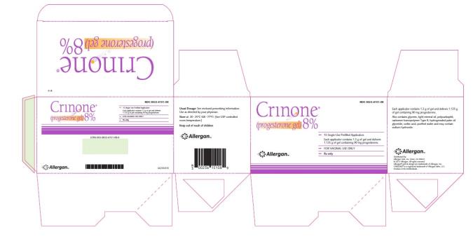 Crinone
(progesterone gel) 8%
15 Single-Use Prefilled Applicators
NDC 0023-6151-08
