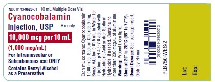 NDC 0143-9620-01 10 mL Multiple Dose Vial Cyanocobalamin Injection, USP Rx only 10,000 mcg/10 mL (1,000 mcg/mL) For INTRAMUSCULAR or SUBCUTANEOULS USE ONLY Contains Benzyl Alcohol as a Preservative Each mL contains: Cyanocobalamin 1,000 mcg, Sodium Chloride 9 mg, Benzyl Alcohol 0.015 mL in Water for Injection. pH 4.5-7.0 adjusted with Hydrochloric Acid and/or Sodium Hydroxide, if needed. Contains no more than 200 mcg/L of aluminum. WARNING: PROTECT FROM LIGHT. Store at 20º to 25ºC (68º to 77ºF), USUAL DOSAGE: See package insert.