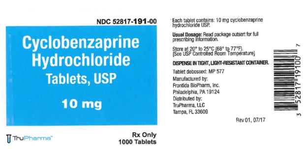 NDC 52817-191-00
Cyclobenzaprine 
Hydrochloride 
Tablets, USP
10 mg
Rx Only
1000 Tablets
