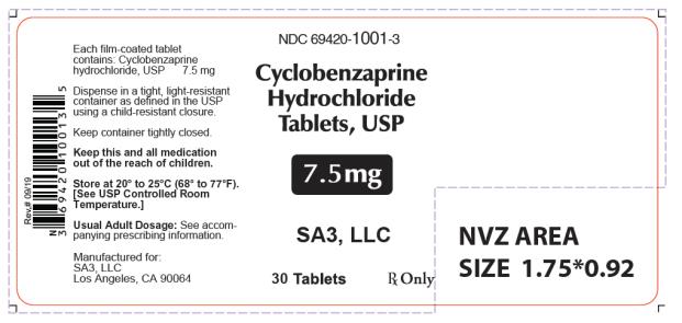 NDC 69420-1001-3
Cyclobenzaprine
Hydrochloride
Tablets, USP
7.5 mg
Rx only
30 Tablets
